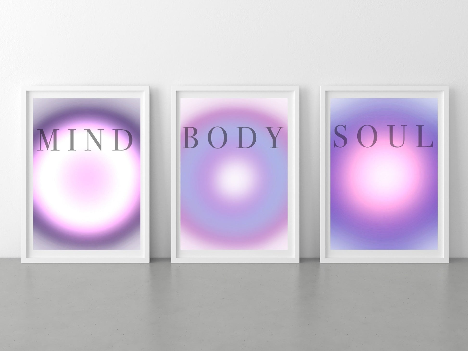 Meditation art print, mind, body and soul aura, spiritual wall art, purple, pink aura framed art set of 3 wall art prints in mounted frames. 