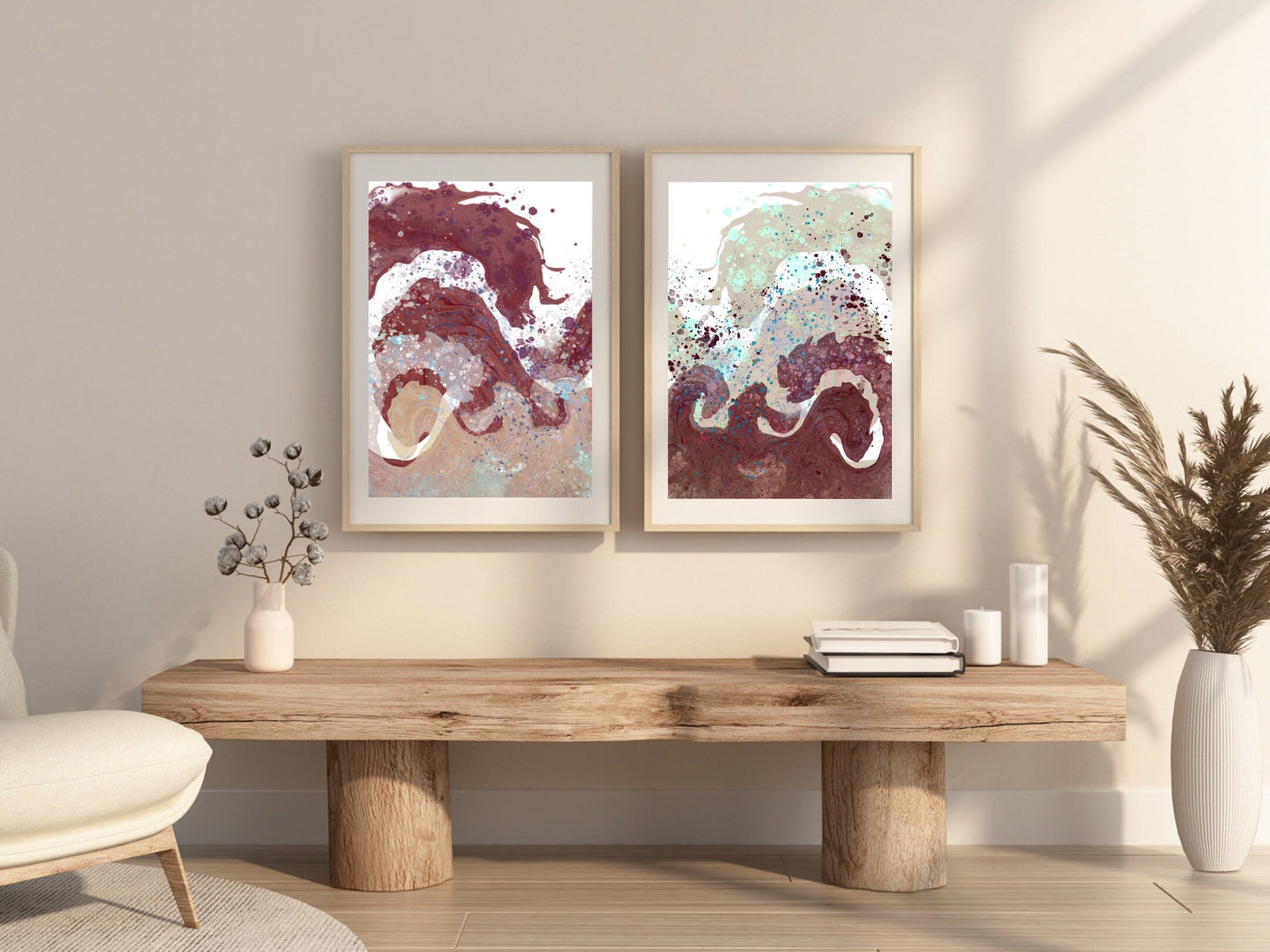 Coastal wall art, waves art print, spiritual wall art, red and sand, set of 2, displayed in frames ascension digital fine art.