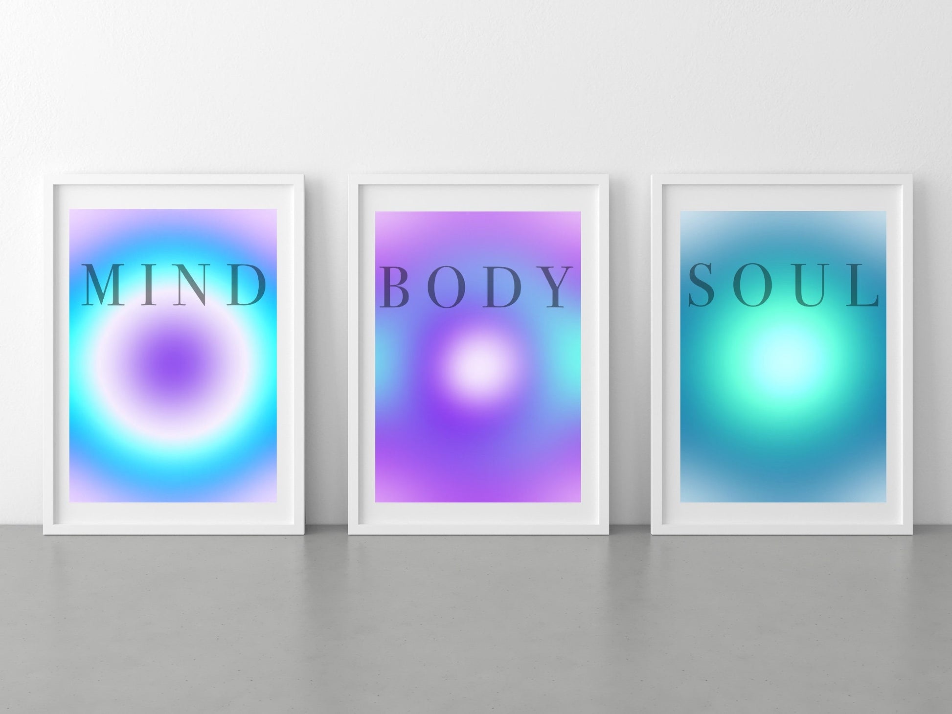 Meditation art print, mind, body and soul aura spiritual wall art, purple, blue, green, aura framed art print in mounted frames.