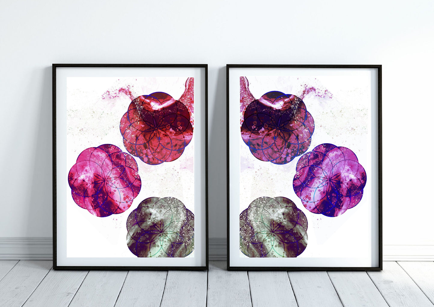 Sacred geometry wall art, seed of life wall art, spiritual art work, pink and red, balancing art, set of two art prints, meditation art print, Displayed in frame, - Ascension digital fine art.