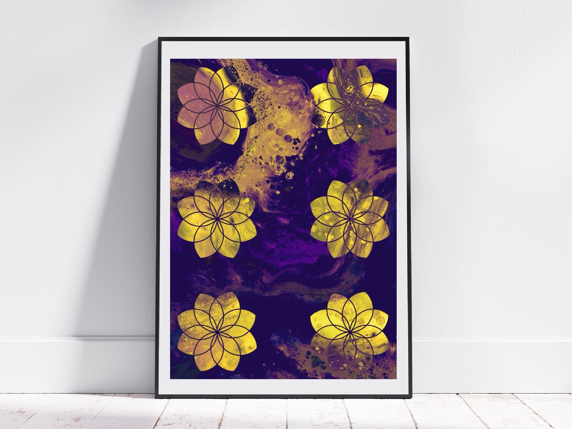 Sacred geometry wall art, seed of life wall art, spiritual art work, unique, meditation art print, vibrant yellow, Displayed in frame. - Ascension digital fine art.