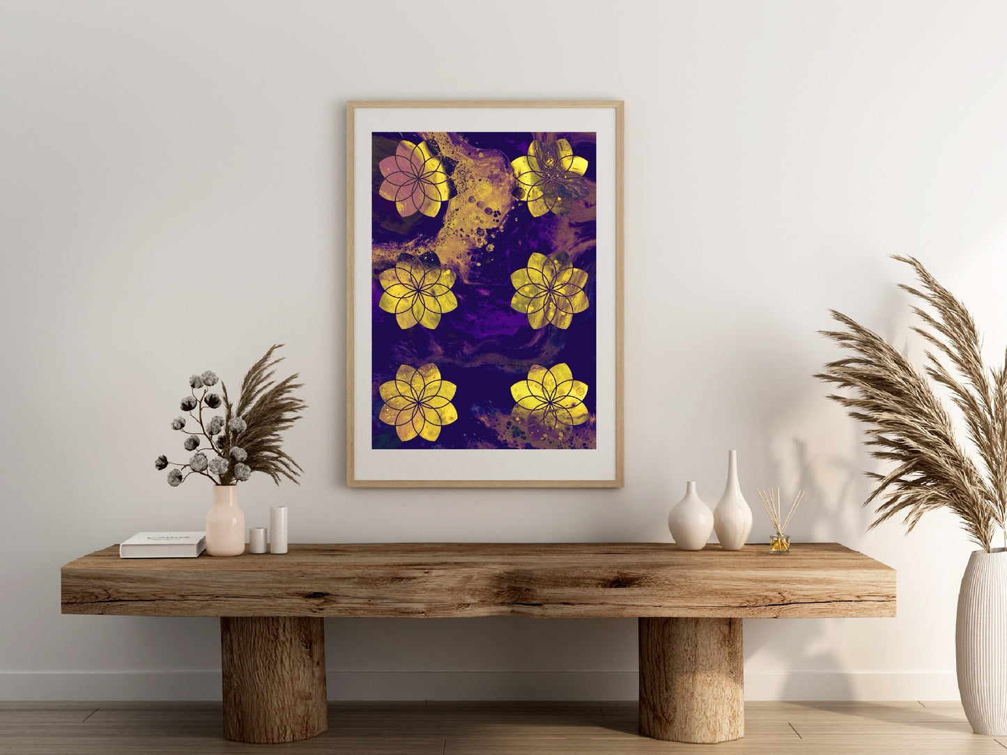 Sacred geometry wall art, seed of life wall art, spiritual art work, unique, meditation art print, vibrant yellow, Displayed in frame. - Ascension digital fine art.