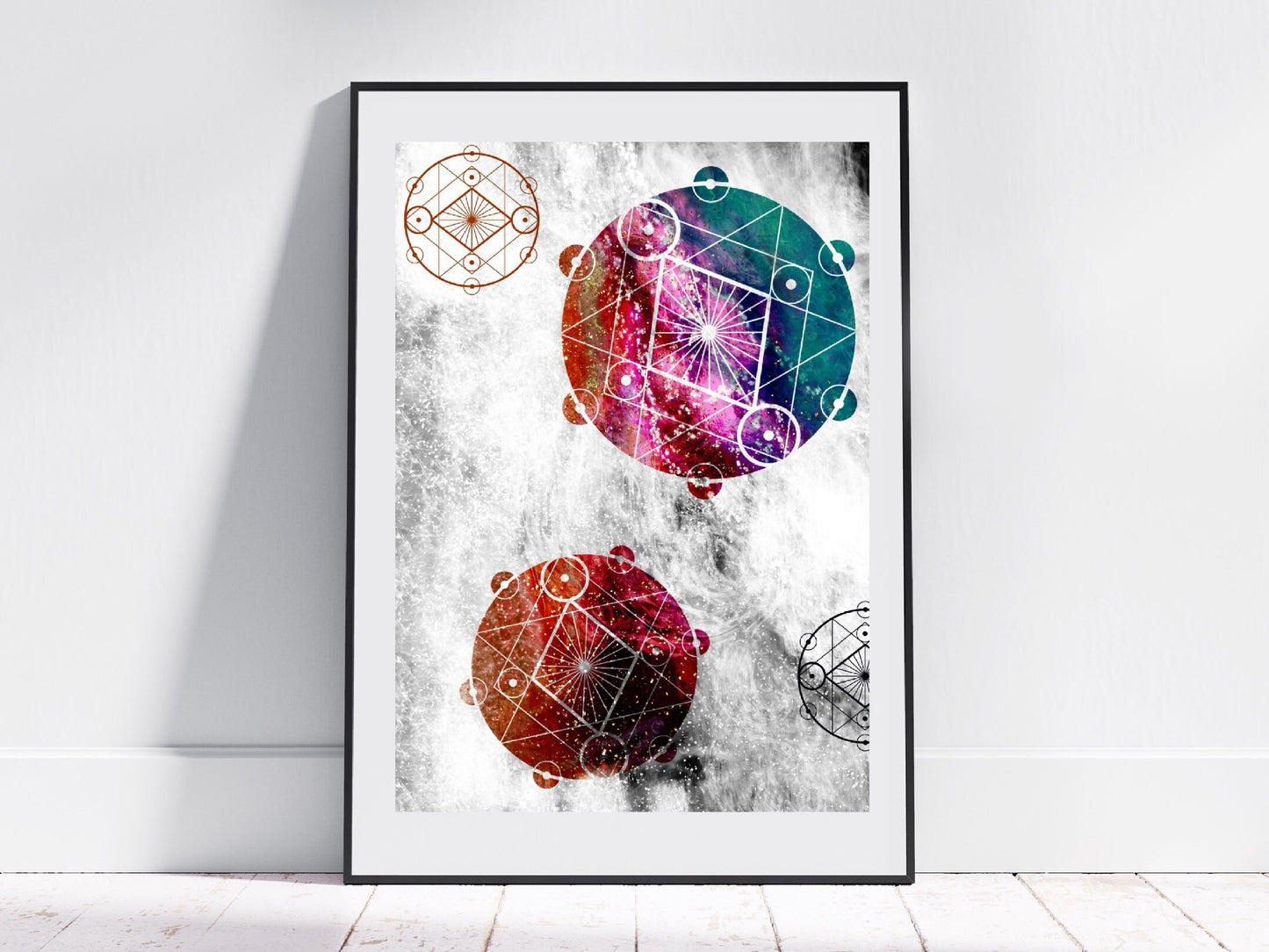 Sacred geometry wall art, seed of life wall art, spiritual art work, pink, balancing art, meditation art print, Displayed in frame, - Ascension digital fine art.