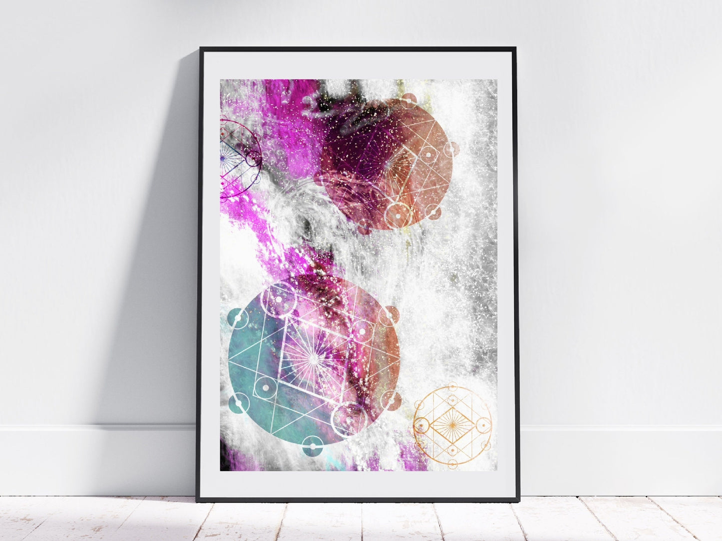 Sacred geometry wall art, seed of life wall art, spiritual art work, unique, meditation art print, vibrant , Displayed in frame. - Ascension digital fine art.