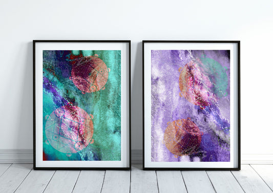 Sacred geometry wall art, seed of life wall art, spiritual art work, pink, balancing art, meditation art print, set of 2, Displayed in frame, - Ascension digital fine art.