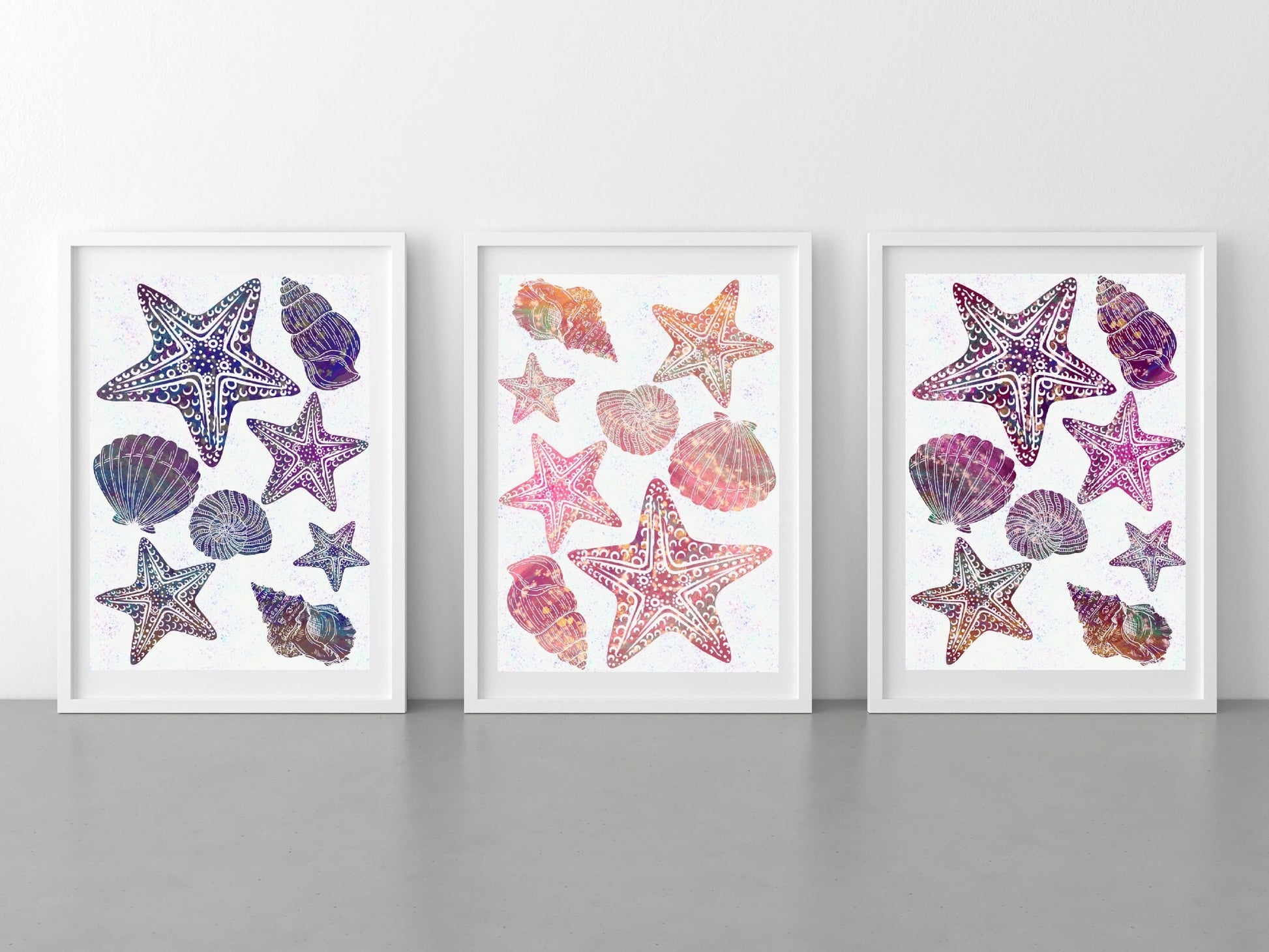 Coastal wall art, seashells art prints, spiritual wall art, vibrant, set of 3,displayed in frames, ascension digital fine art.