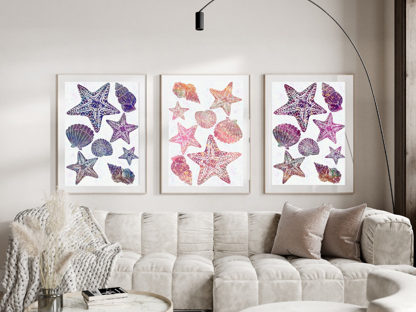 Coastal wall art, seashells art prints, spiritual wall art, vibrant, set of 3, displayed in frames, ascension digital fine art.