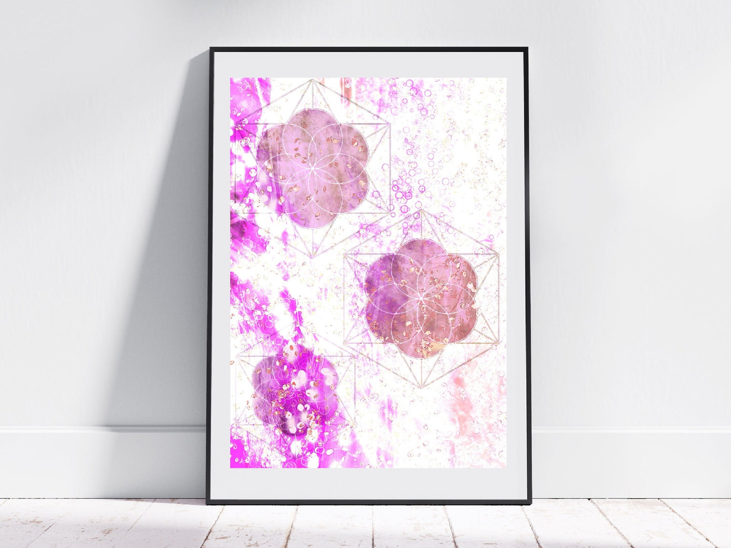 Sacred geometry wall art, seed of life wall art, spiritual art work, pink , balancing art, meditation art print, Displayed in frame, - Ascension digital fine art.