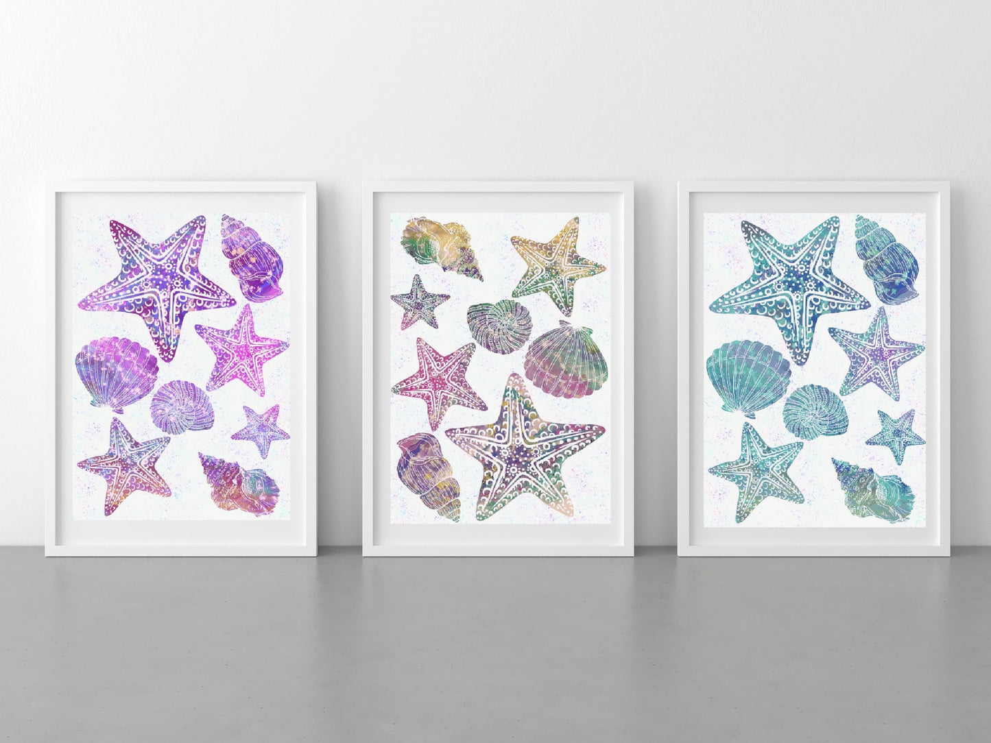 Coastal wall art, seashells art prints, spiritual wall art, vibrant, set of 3, displayed in frames, ascension digital fine art.