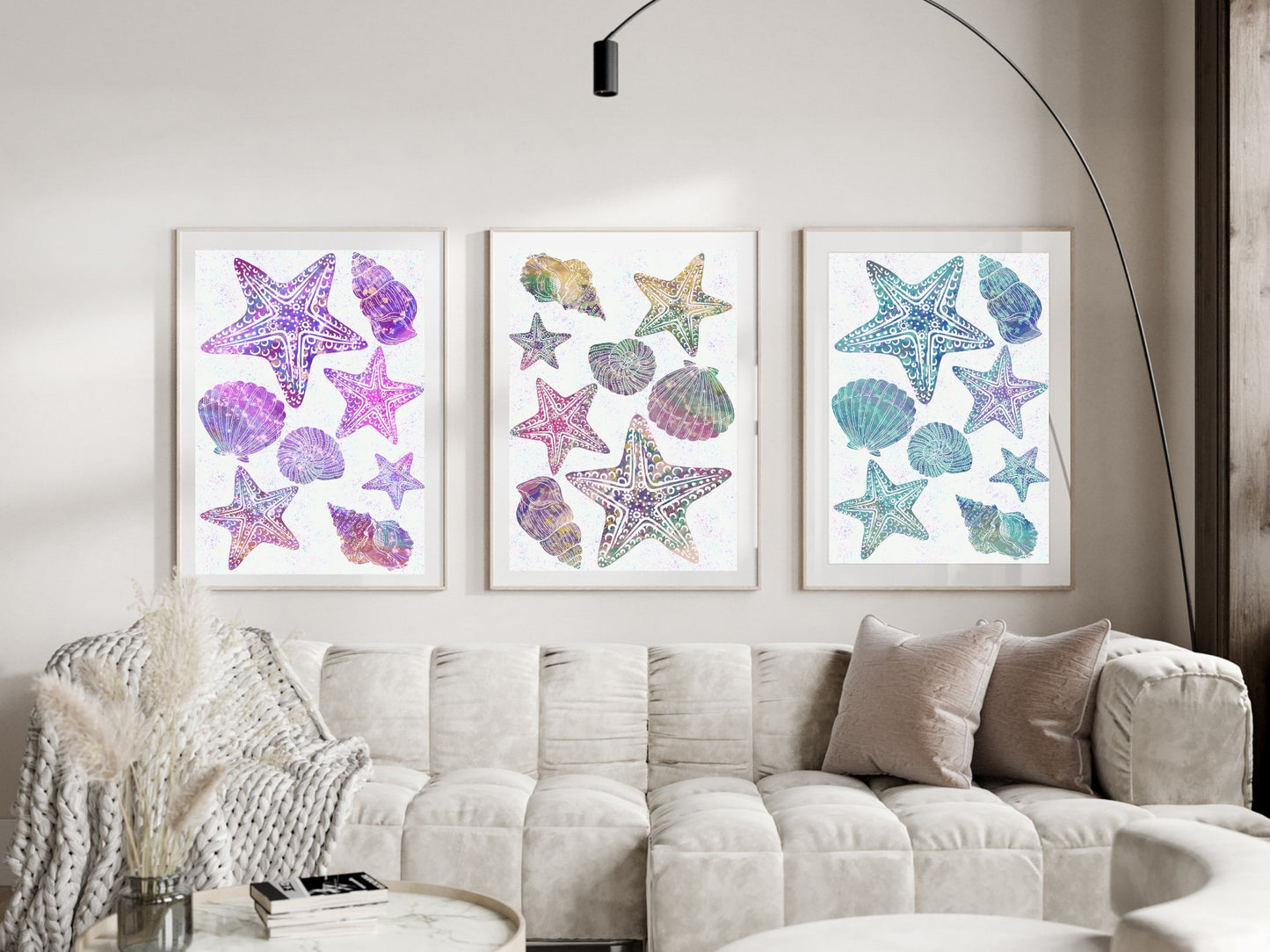 Set of 3 coastal seashells sea artwork digital art print download