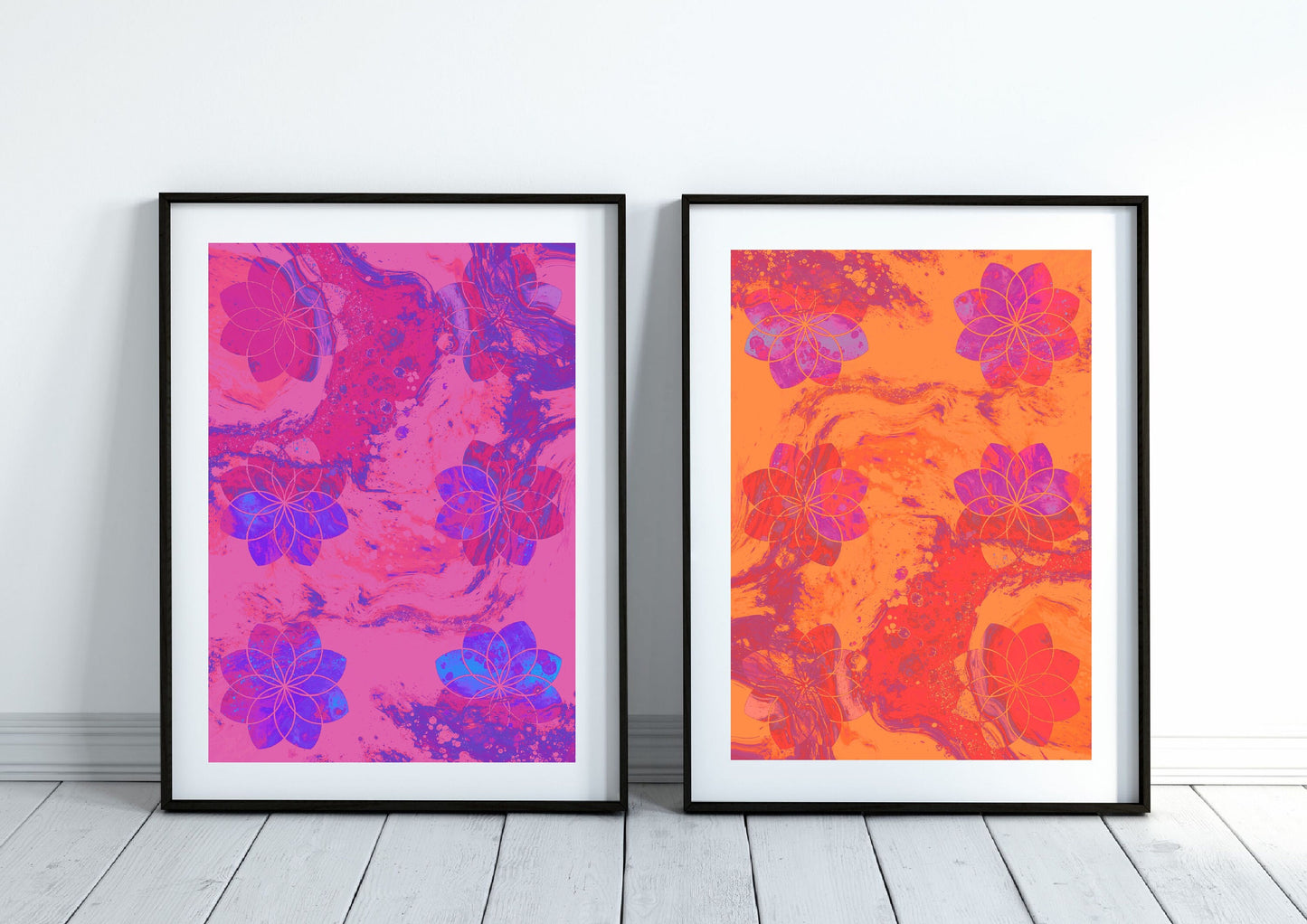 Sacred geometry wall art, seed of life wall art, spiritual art work, pink and purple, balancing art, meditation art print, set of 2, Displayed in frame, - Ascension digital fine art.