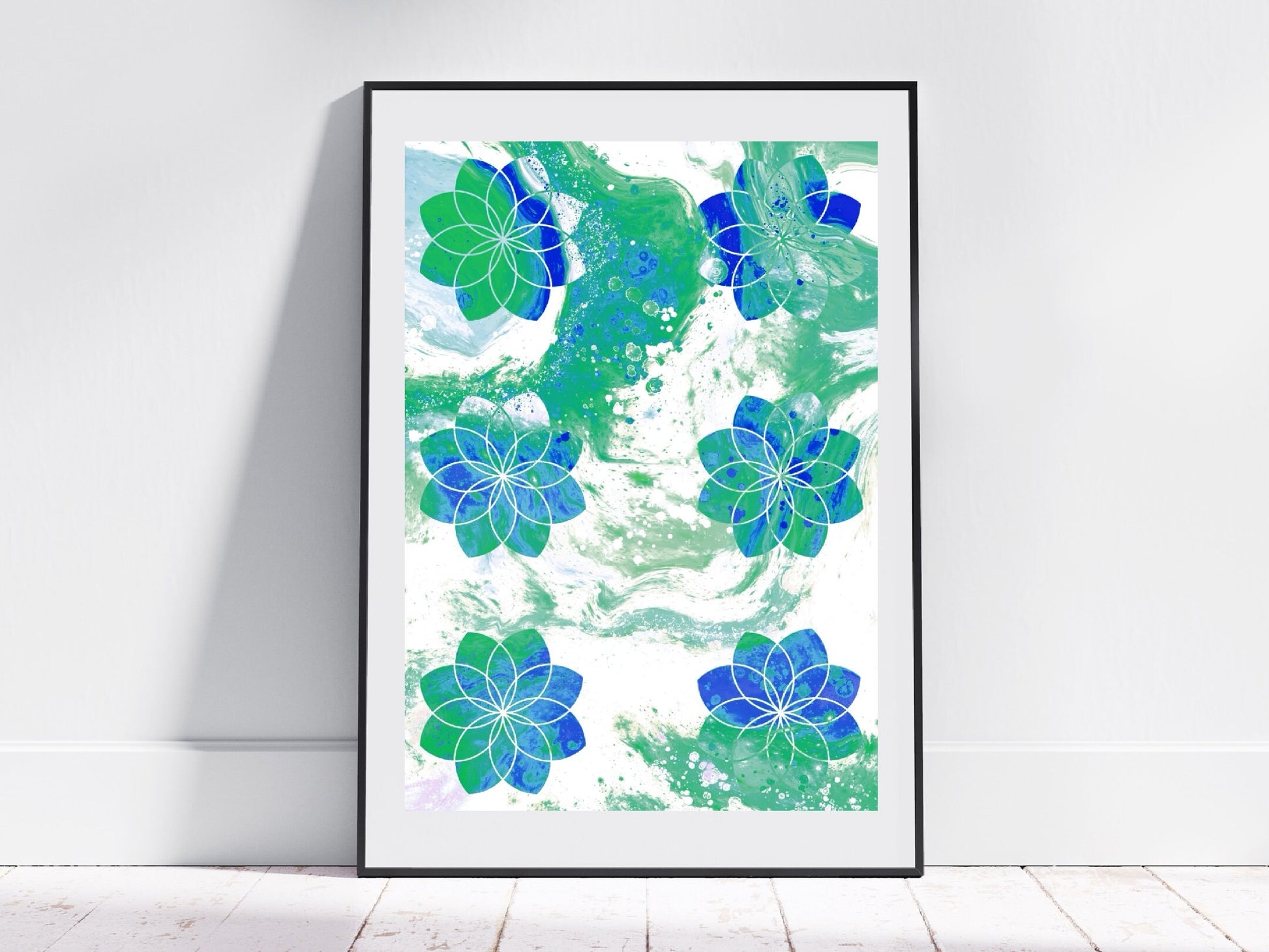 Sacred geometry wall art, seed of life wall art, spiritual art work, green and blue , balancing art, meditation art print, Displayed in frame, - Ascension digital fine art.