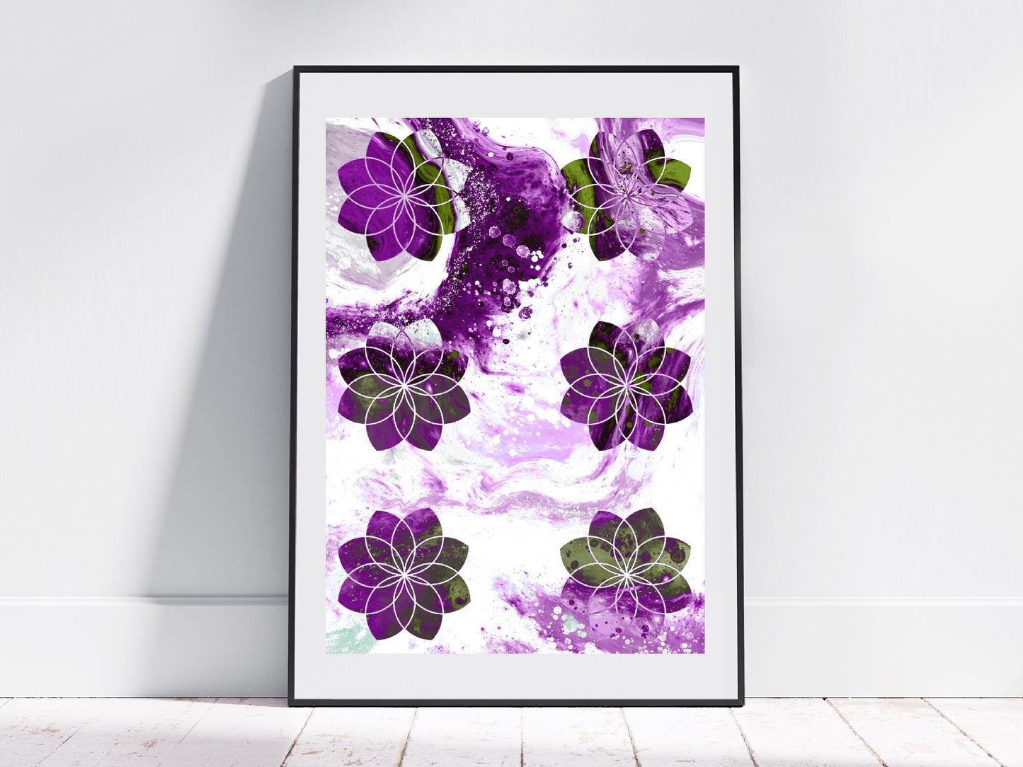 Sacred geometry wall art, seed of life wall art, spiritual art work, purple and green, balancing art, meditation art print, Displayed in frame, - Ascension digital fine art.