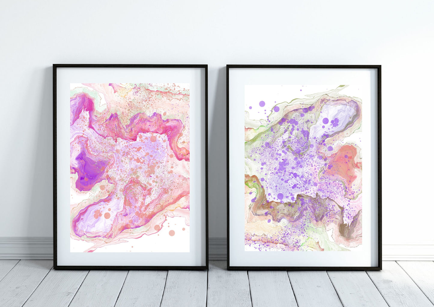 Coastal wall art, sea waves art prints, pink, spiritual wall art, set of 2, displayed in frames, ascension digital fine art.