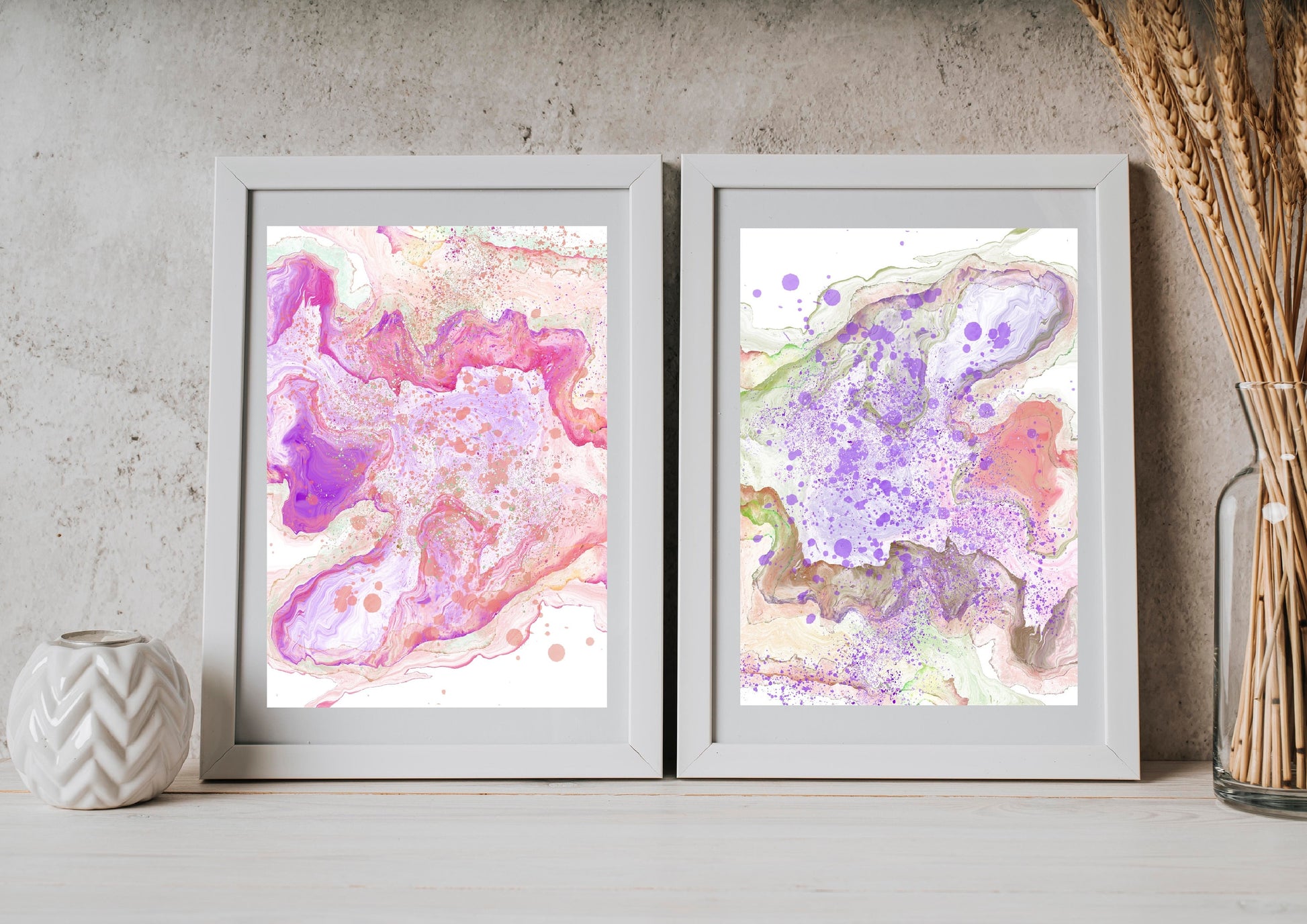 Coastal wall art, sea waves art prints, pink, spiritual wall art, set of 2, displayed in frames, ascension digital fine art.