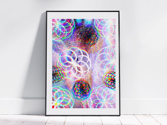 Sacred geometry wall art, seed of life wall art, spiritual art work, purple , balancing art, meditation art print, Displayed in frame, - Ascension digital fine art.