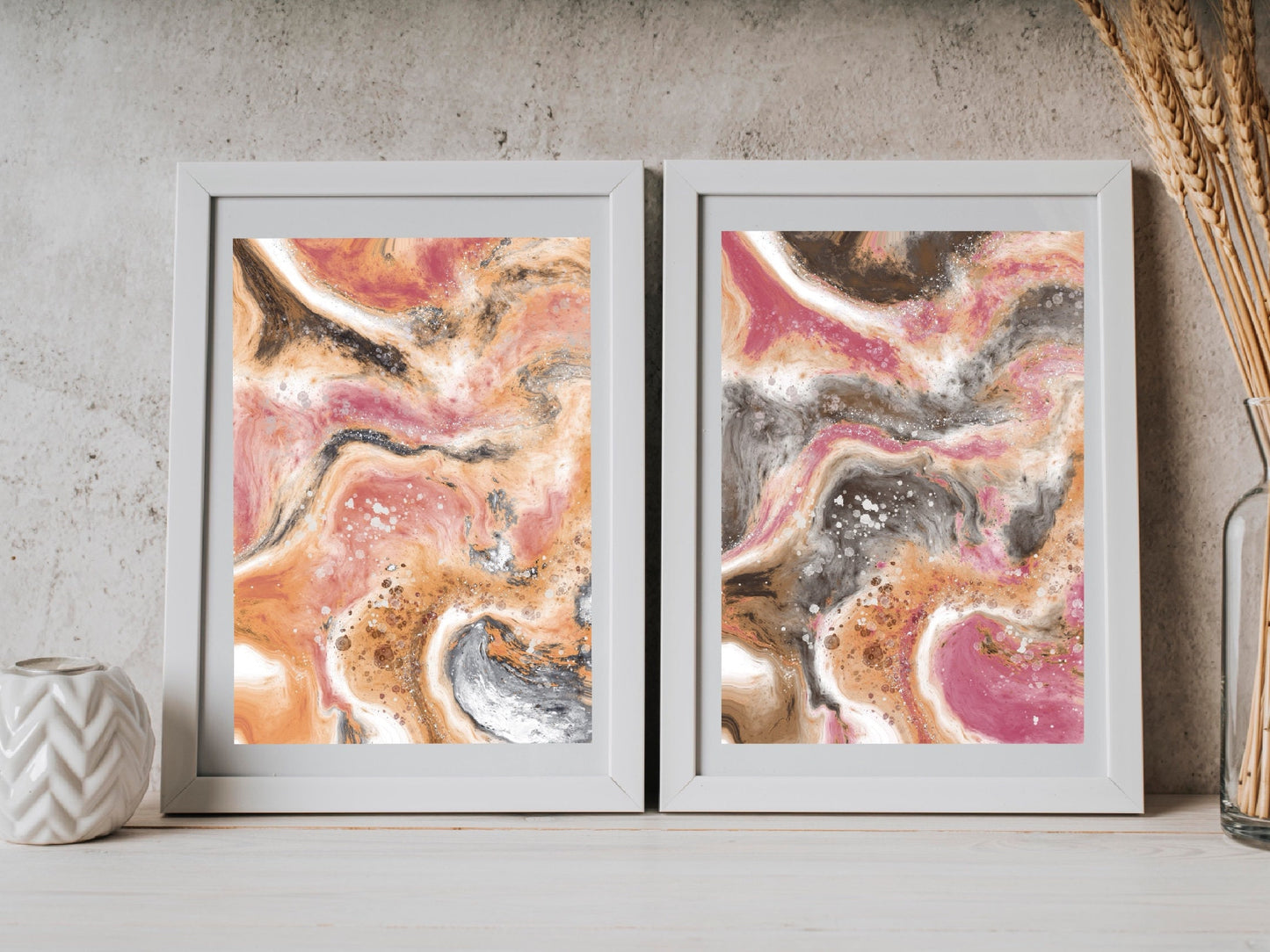 Coastal wall art, sea waves art prints, spiritual wall art, orange, set of 2, displayed in frames, ascension digital fine art.