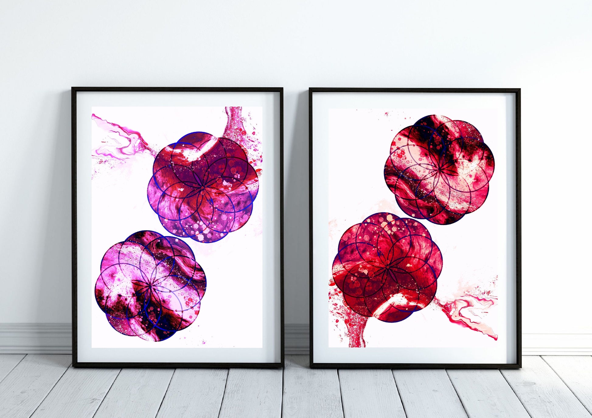 Sacred geometry wall art, seed of life wall art, spiritual art work, pink and red, balancing art, set of two art prints, meditation art print, Displayed in frame, - Ascension digital fine art.