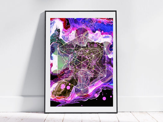 Sacred geometry wall art, Metatrons cube wall art, spiritual art work, pink and red, balancing art, meditation art print, Displayed in frame, - Ascension digital fine art.