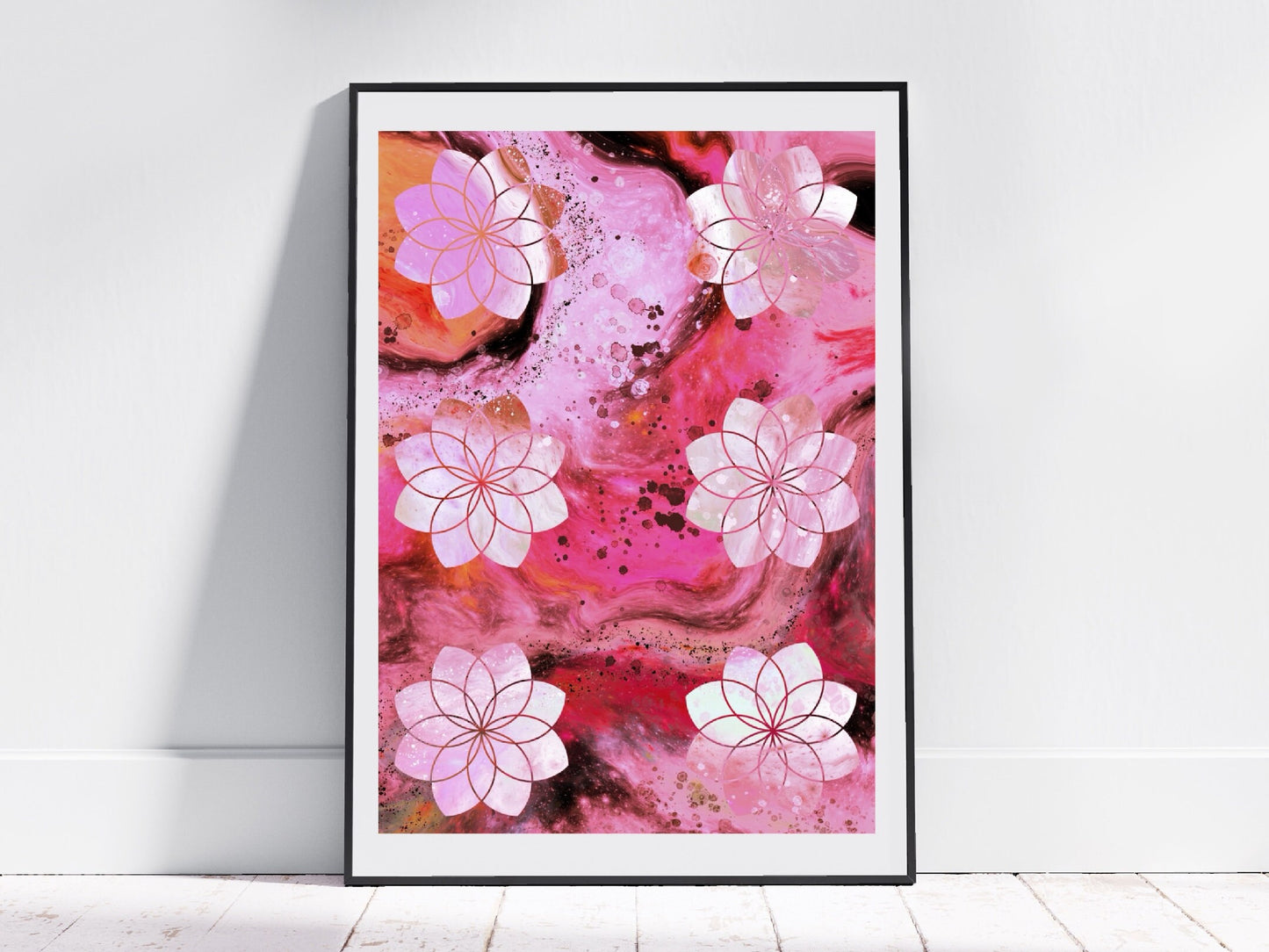 Sacred geometry wall art, seed of life wall art, spiritual art work, pink, balancing art, meditation art print, Displayed in frame, - Ascension digital fine art.