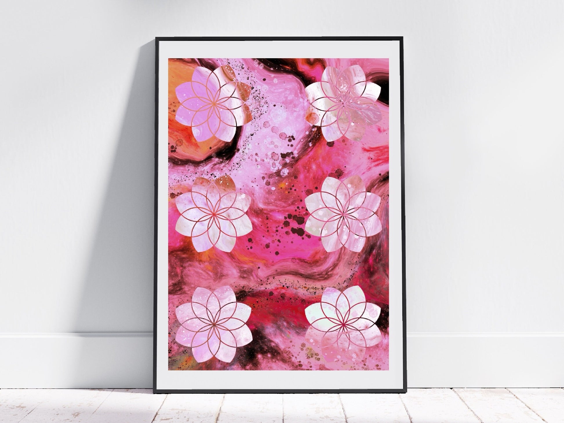 Sacred geometry wall art, seed of life wall art, spiritual art work, pink, balancing art, meditation art print, Displayed in frame, - Ascension digital fine art.