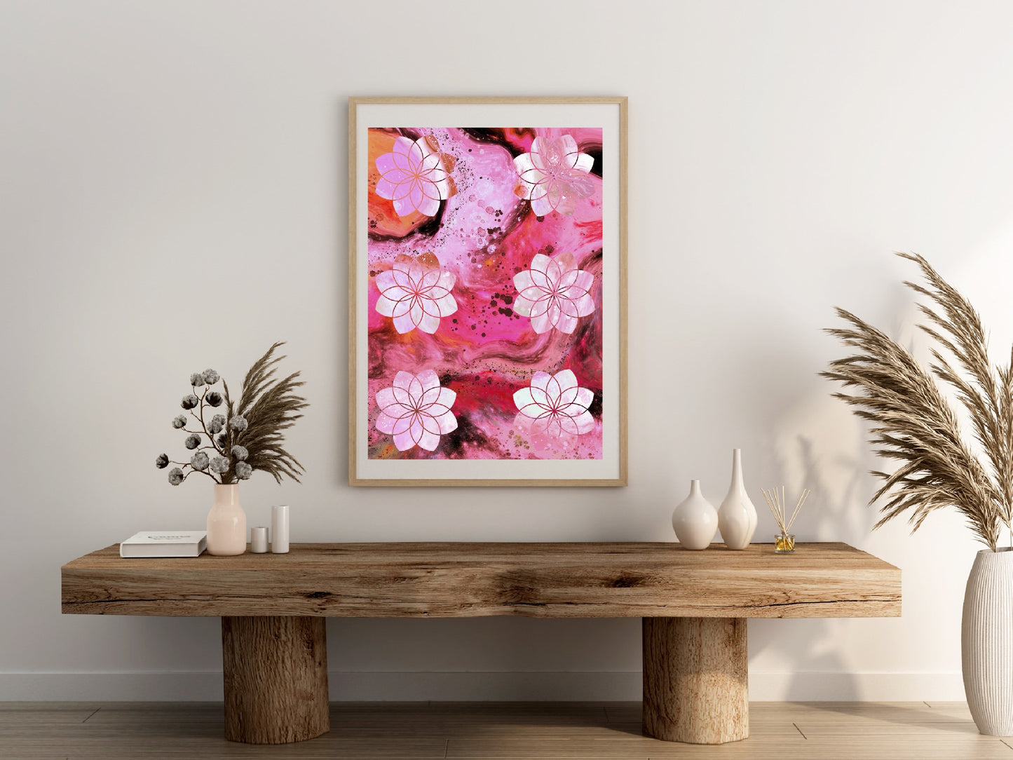 Sacred geometry wall art, seed of life wall art, spiritual art work, pink, balancing art, meditation art print, Displayed in frame, - Ascension digital fine art.