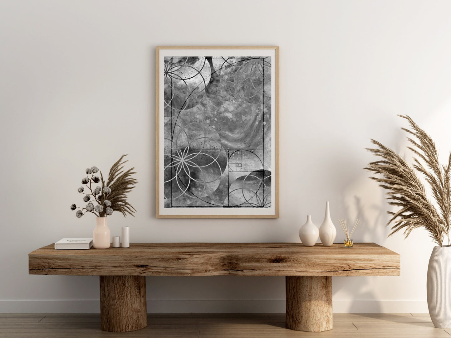 Sacred geometry wall art, seed of life wall art, spiritual art work, meditation art print, greyscale, Displayed in frame. - Ascension digital fine art.