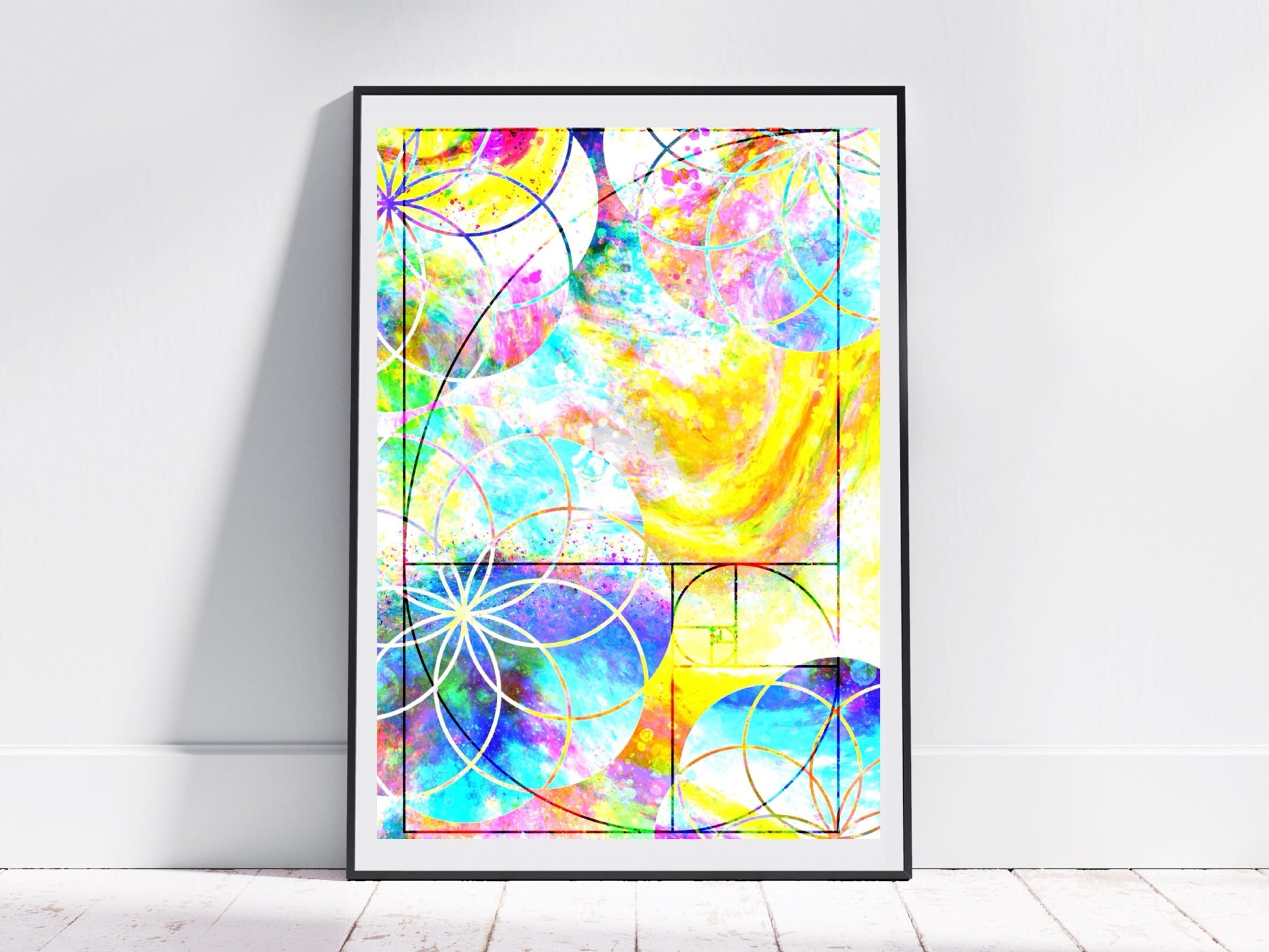 Sacred geometry wall art, golden ratio,, spiritual art work, meditation art print, vibrant colours, Displayed in frame. - Ascension digital fine art.