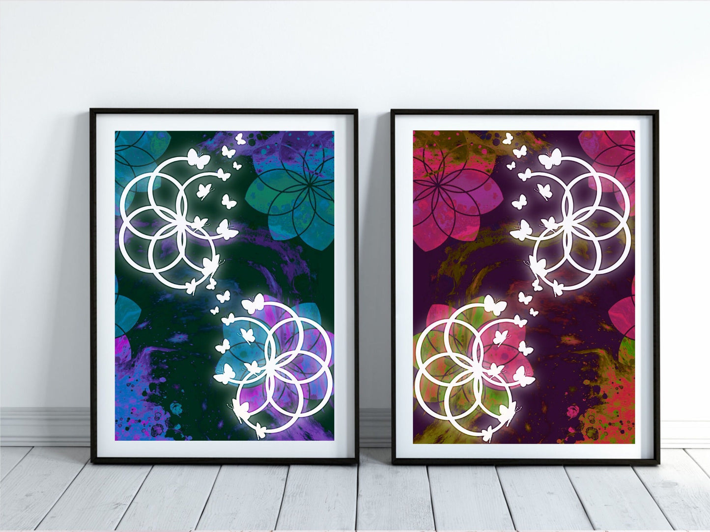 Sacred geometry wall art, seed of life wall art, butterfly, spiritual art work, meditation art print, vibrant, set of 2 prints. Displayed in frames. - Ascension digital fine art.