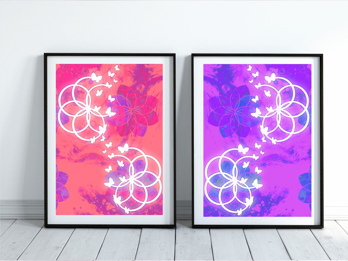 Sacred geometry wall art, seed of life wall art, butterfly, spiritual art work, meditation art print, vibrant, set of 2 prints. Displayed in frames. - Ascension digital fine art.