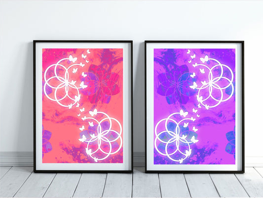 Sacred geometry wall art, seed of life wall art, butterfly, spiritual art work, meditation art print, vibrant, set of 2 prints. Displayed in frames. - Ascension digital fine art.