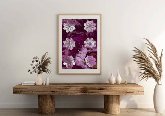 Sacred geometry wall art, seed of life wall art, spiritual art work, unique, meditation art print, vibrant purple, Displayed in frame. - Ascension digital fine art.