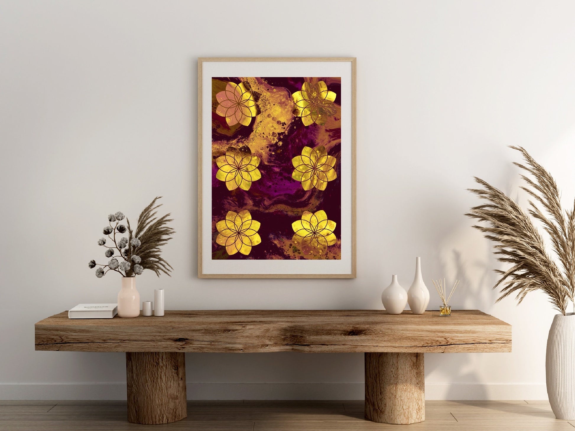 Sacred geometry wall art, seed of life wall art, spiritual art work, yellow, balancing art, meditation art print, Displayed in frame, - Ascension digital fine art.