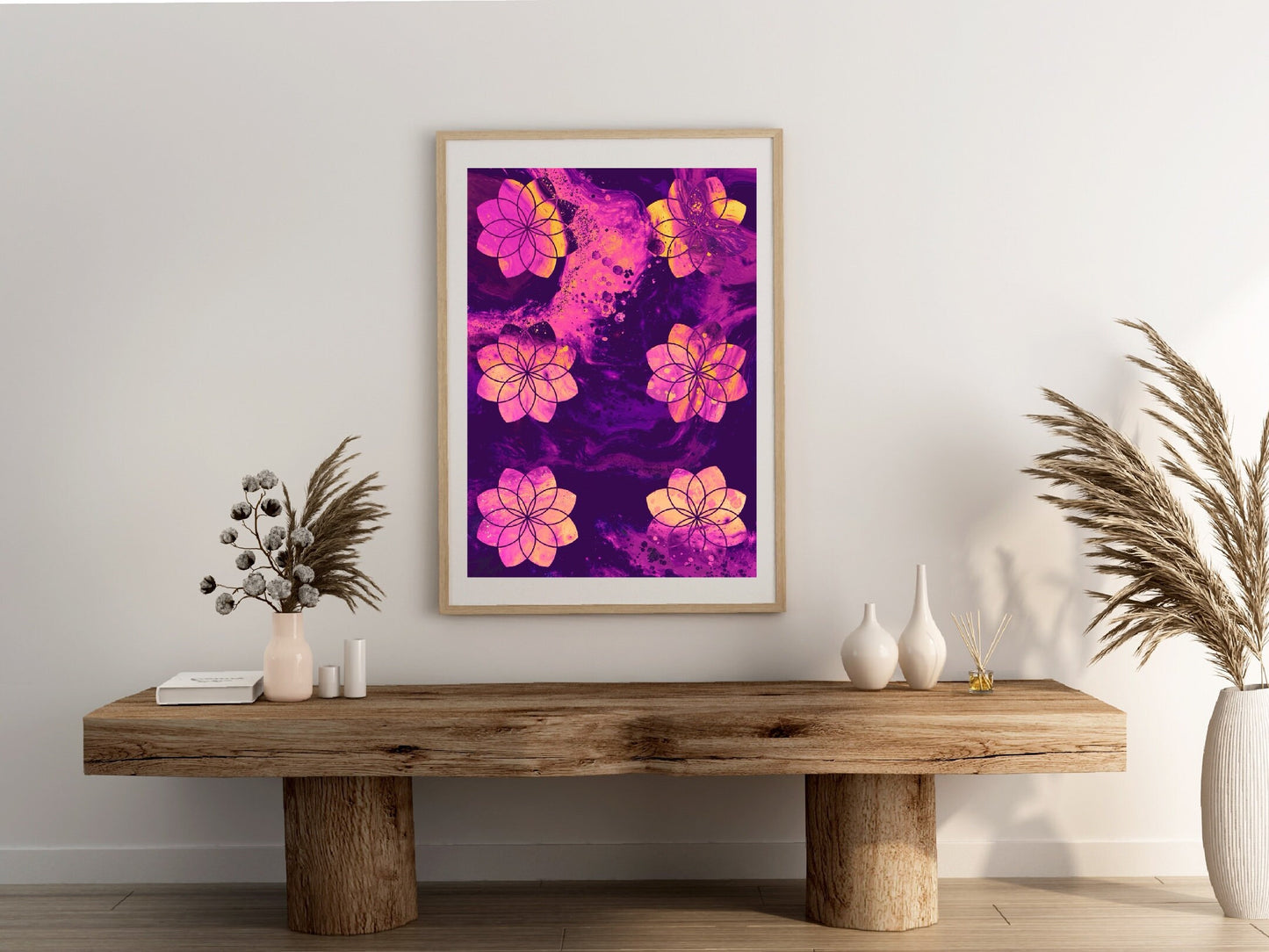 Sacred geometry wall art, seed of life wall art, spiritual art work, pink, balancing art, meditation art print, Displayed in frame, - Ascension digital fine art.