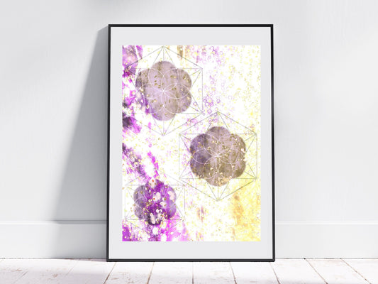 Sacred geometry wall art, seed of life wall art, spiritual art work, purple and yellow, balancing art, meditation art print, Displayed in frame, - Ascension digital fine art.