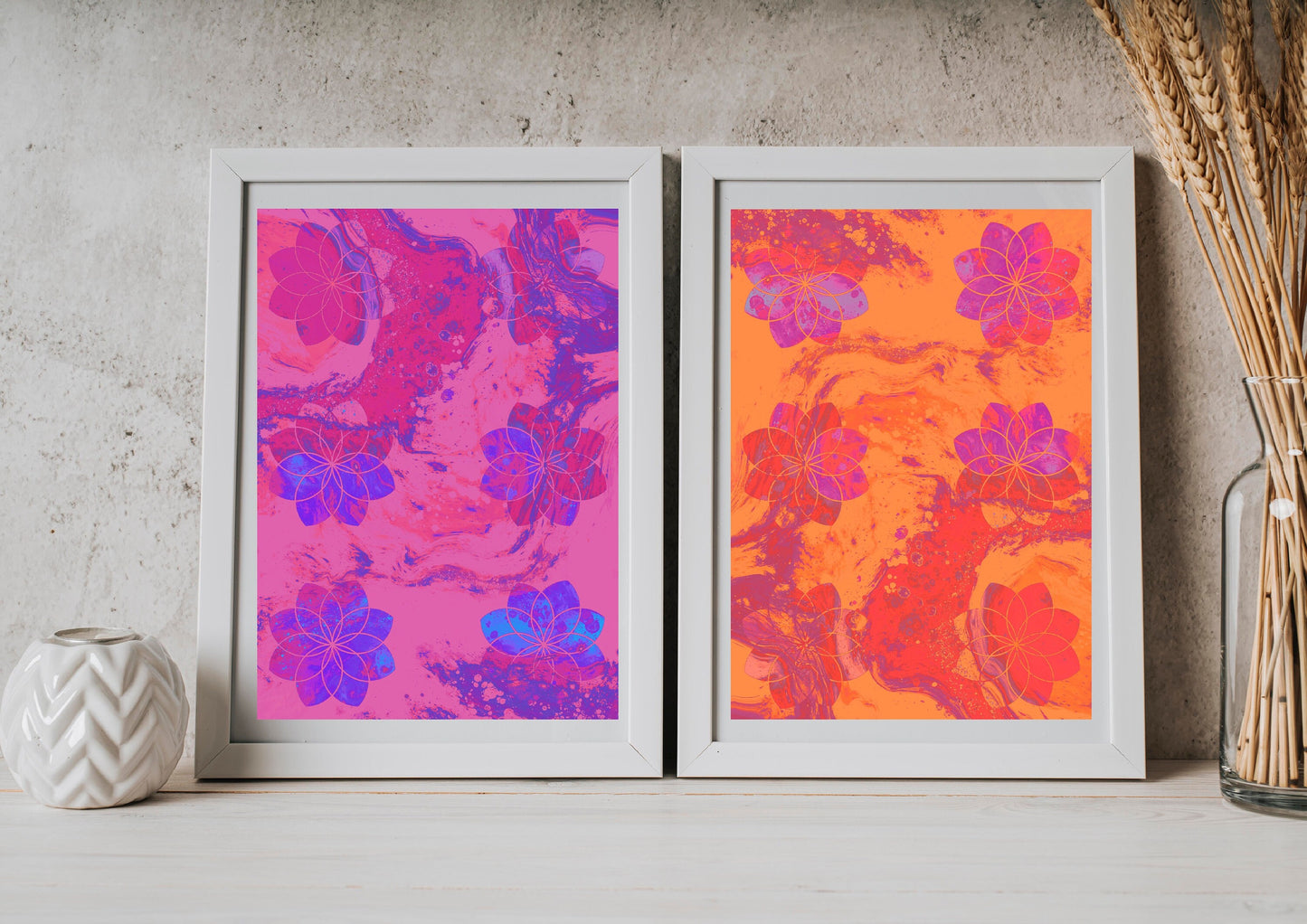 Sacred geometry wall art, seed of life wall art, spiritual art work, pink and orange, balancing art, meditation art print, set of 2, Displayed in frame, - Ascension digital fine art.