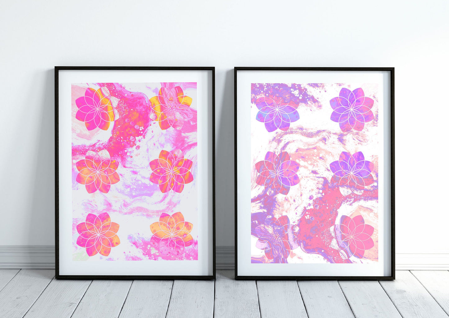 Sacred geometry wall art, seed of life wall art, spiritual art work, pastel purple and pink , balancing art, set of two prints.meditation art print, Displayed in frame, - Ascension digital fine art.