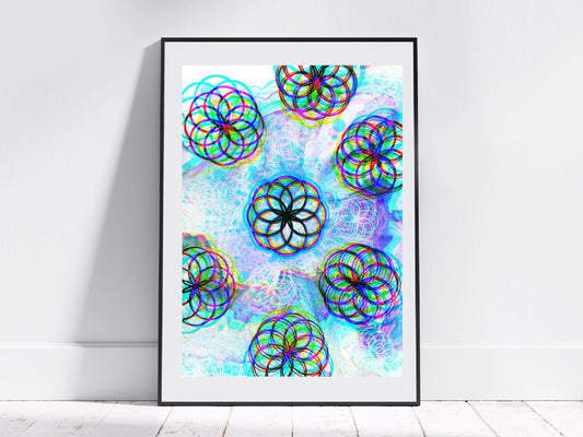 Sacred geometry wall art, seed of life wall art, spiritual art work, blue , balancing art, meditation art print, Displayed in frame, - Ascension digital fine art.