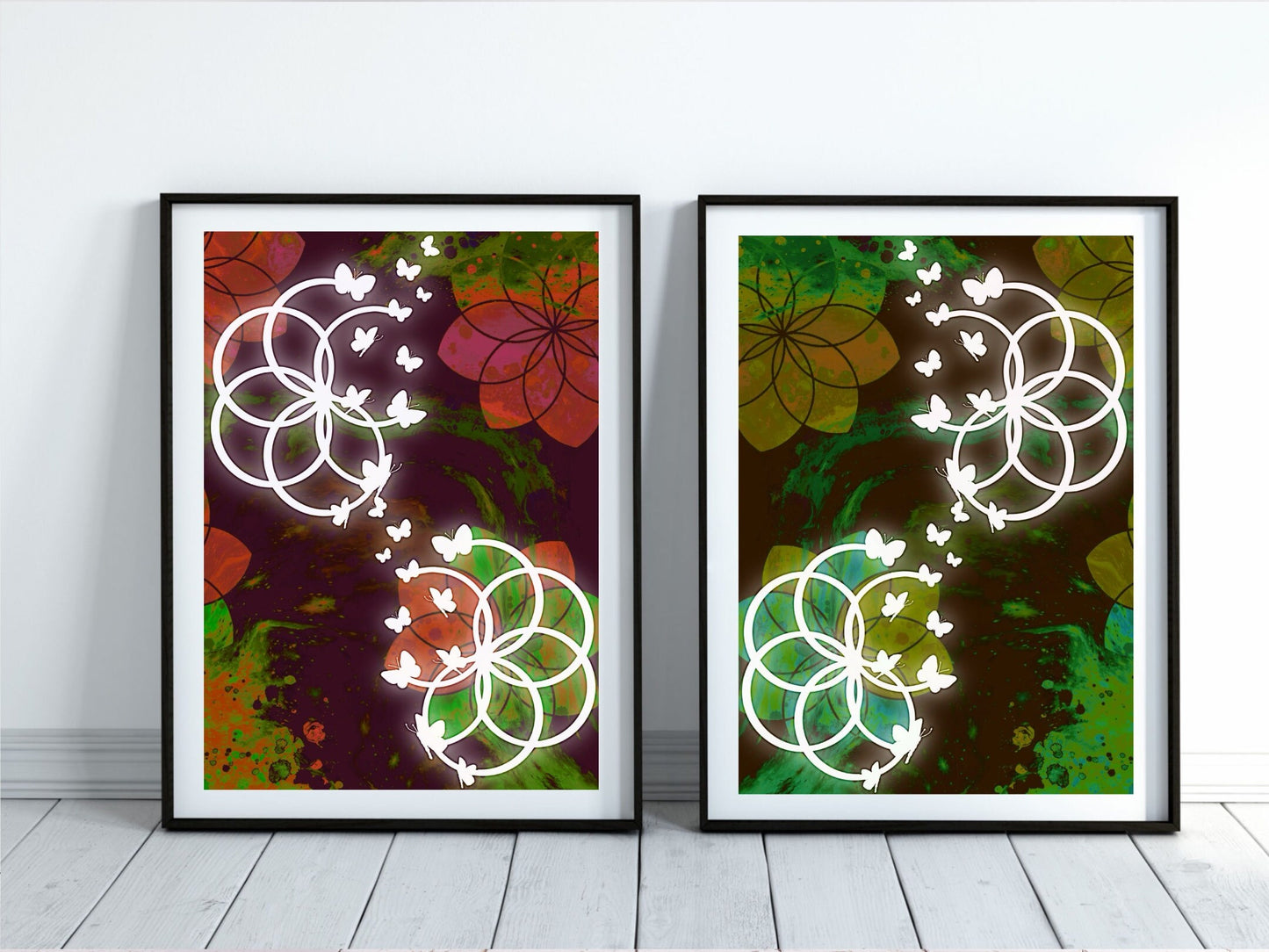 Sacred geometry wall art, seed of life wall art, butterfly, spiritual art work, meditation art print, vibrant, set of 2 prints. Displayed in frames. - Ascension digital fine art.