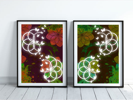 Sacred geometry wall art, seed of life wall art, butterfly, spiritual art work, meditation art print, vibrant, set of 2 prints. Displayed in frames. - Ascension digital fine art.