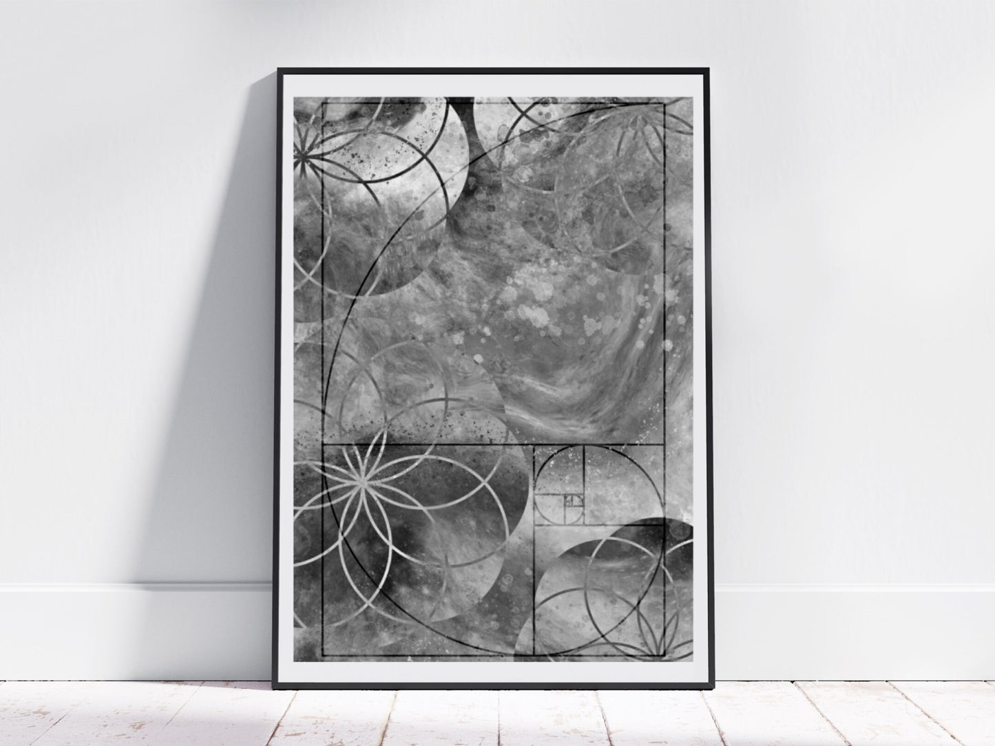 Sacred geometry wall art, seed of life wall art, spiritual art work, meditation art print, greyscale, Displayed in frame. - Ascension digital fine art.