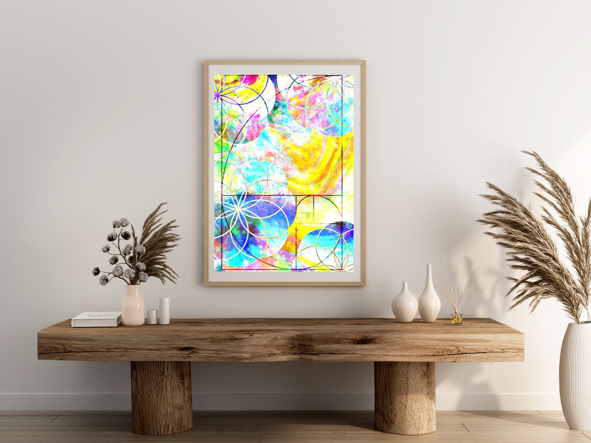 Sacred geometry wall art, golden ratio,, spiritual art work, meditation art print, vibrant colours, Displayed in frame. - Ascension digital fine art.