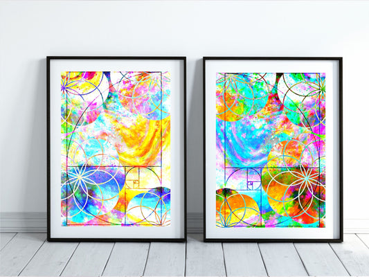 Sacred geometry wall art, golden ratio,, spiritual art work, meditation art print, vibrant colours, set of 2 art prints,Displayed in frame. - Ascension digital fine art.