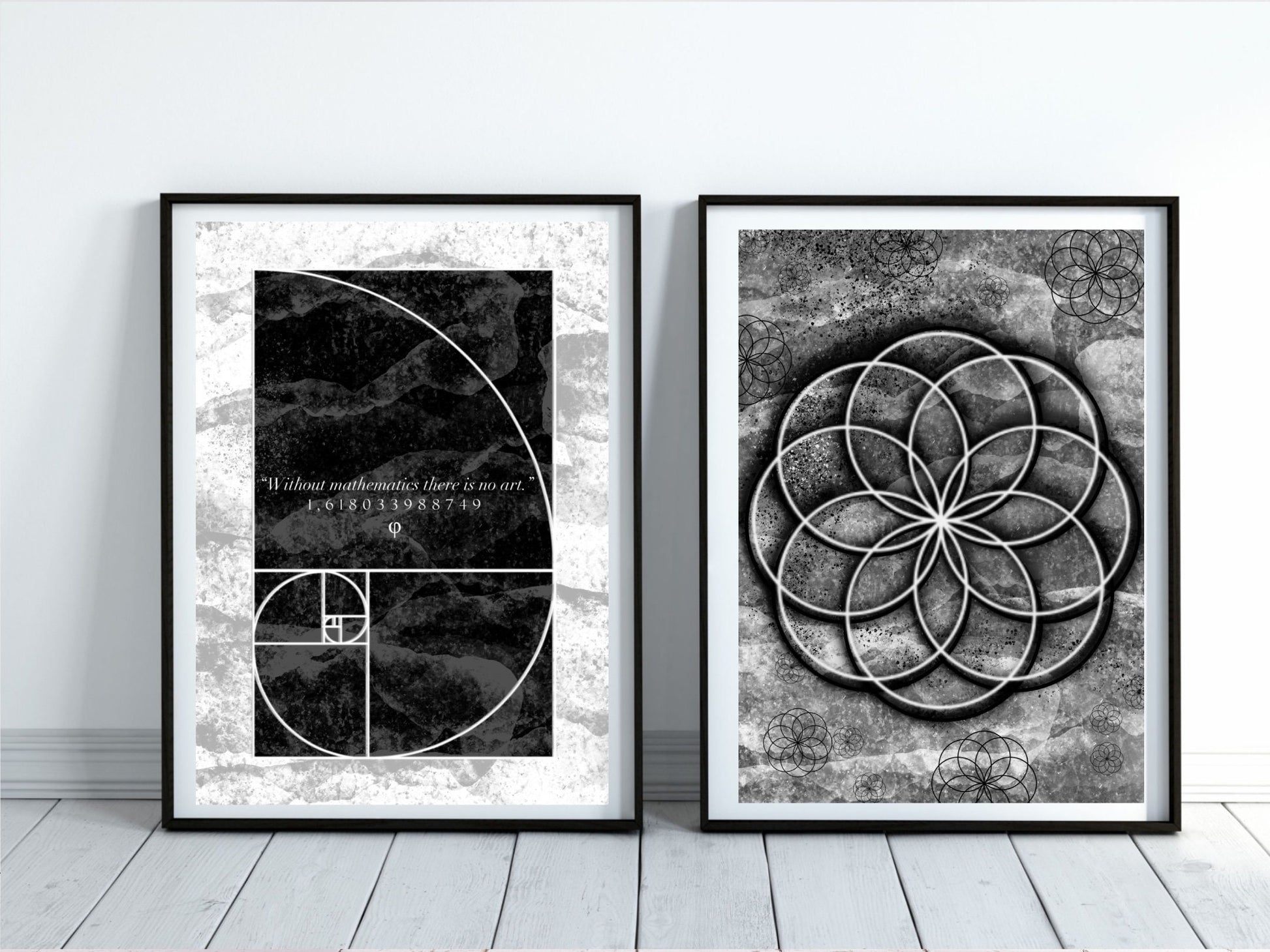 Sacred geometry wall art, golden ratio, seed of life wall art, spiritual art work, meditation art print, greyscale, set of 2 prints, Displayed in frame. - Ascension digital fine art.