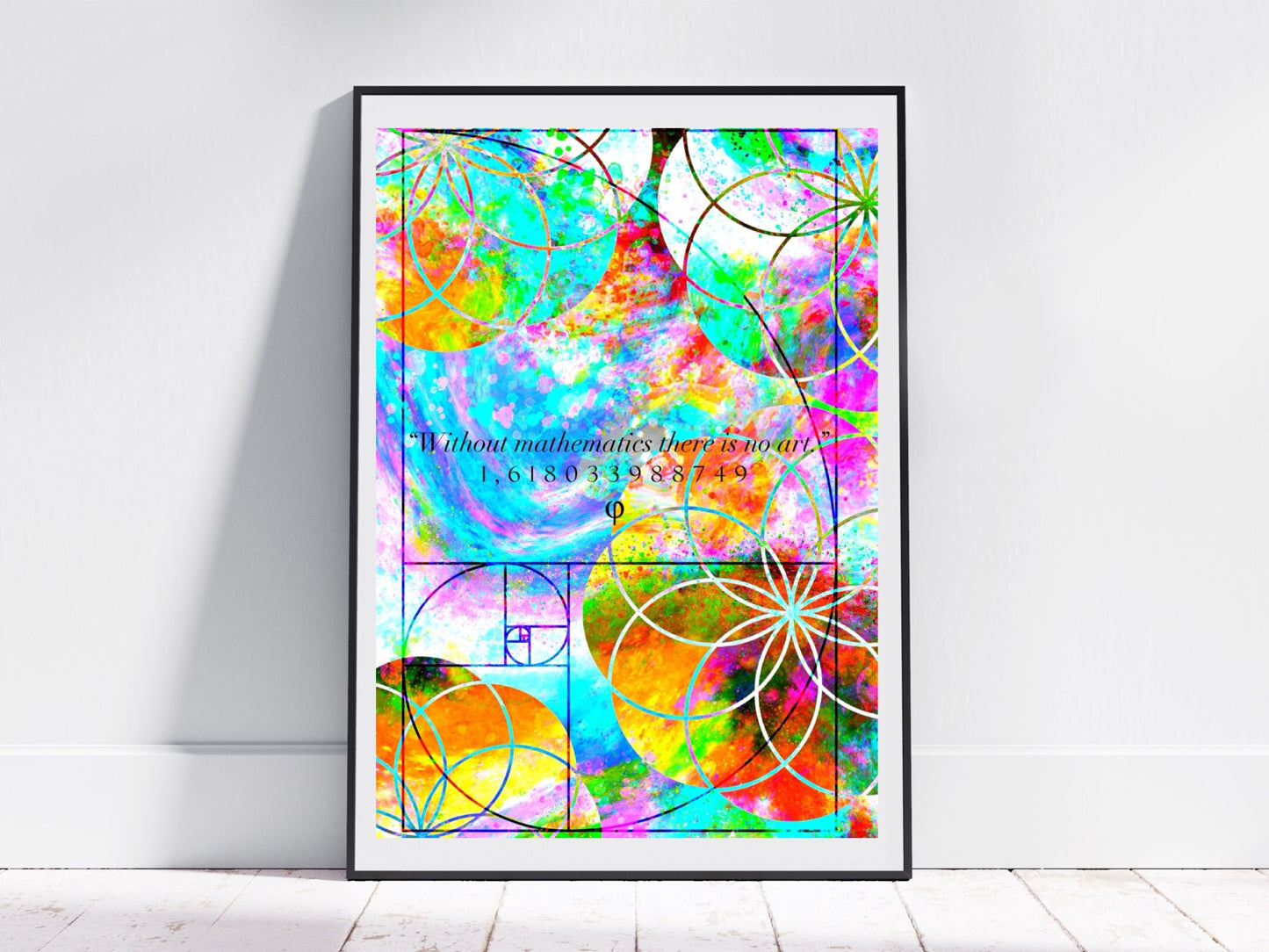 Sacred geometry wall art, golden ratio,, spiritual art work, meditation art print, vibrant colours, Displayed in frame. - Ascension digital fine art.