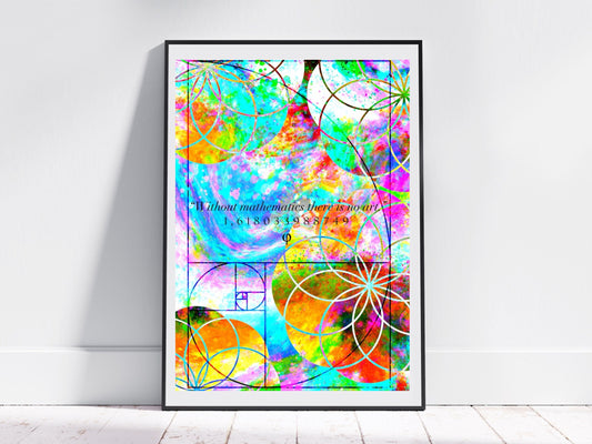 Sacred geometry wall art, golden ratio,, spiritual art work, meditation art print, vibrant colours, Displayed in frame. - Ascension digital fine art.