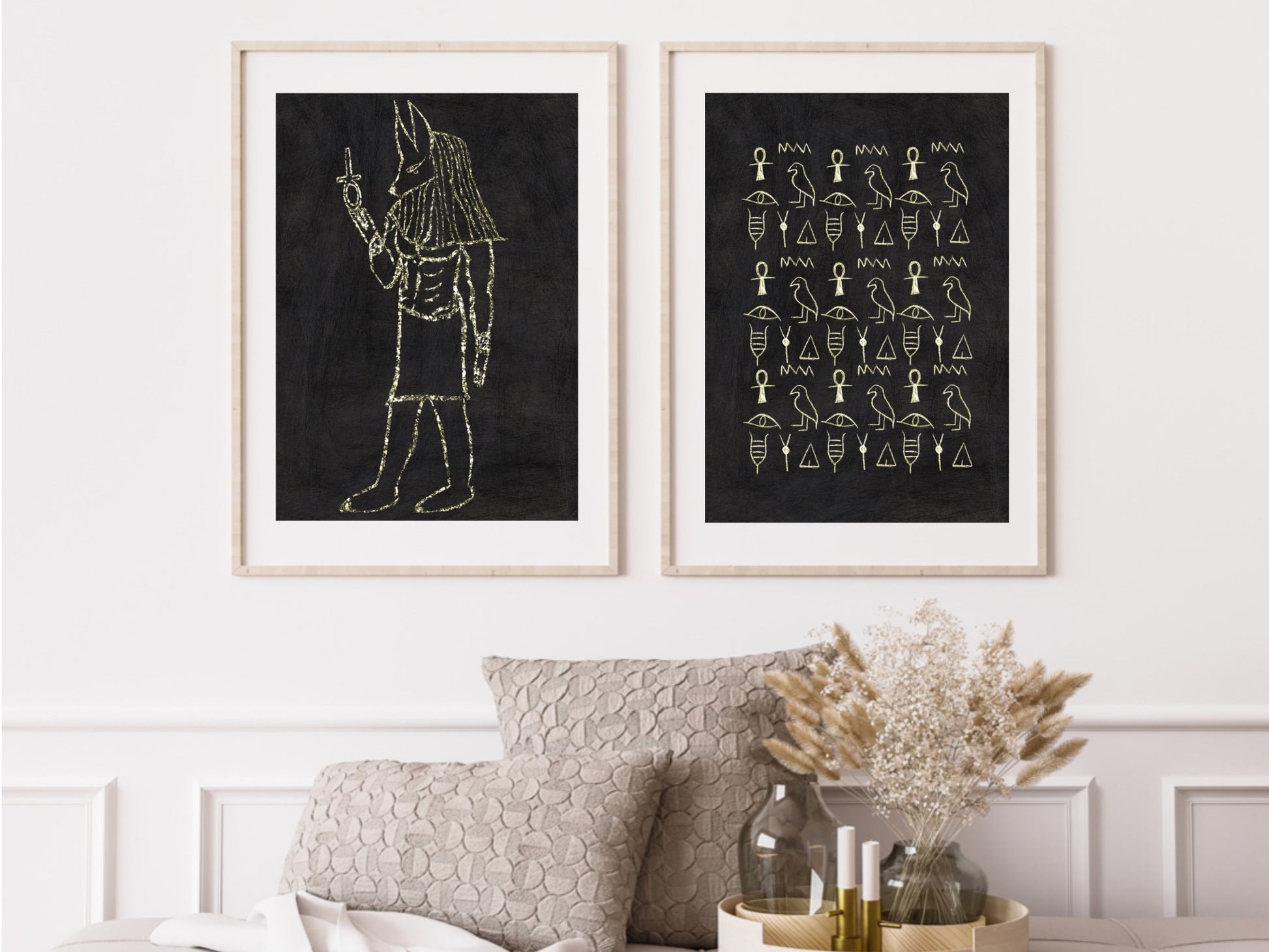 Spiritual wall art, ancient Egyptian art prints, black and gold, set of two art prints displayed in mounted frames.