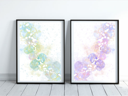 Spiritual wall art, Abstract art prints, pastel colours, set of two art prints displayed in mounted frames.