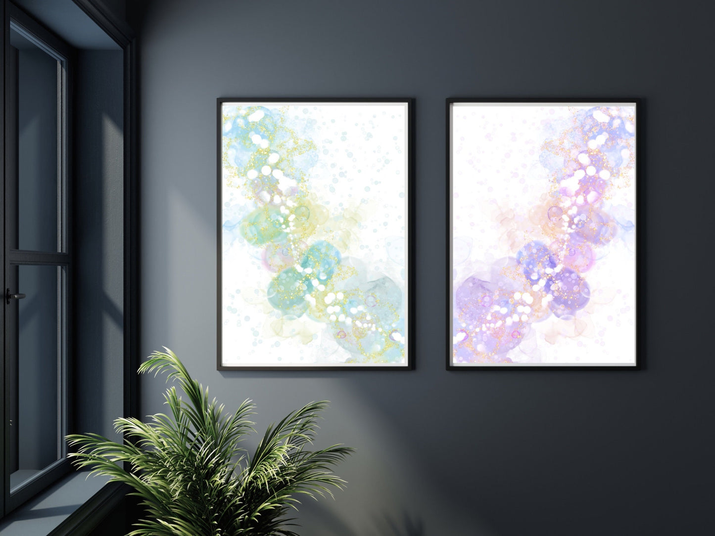 Spiritual wall art, Abstract art prints, pastel colours, set of two art prints displayed in mounted frames.