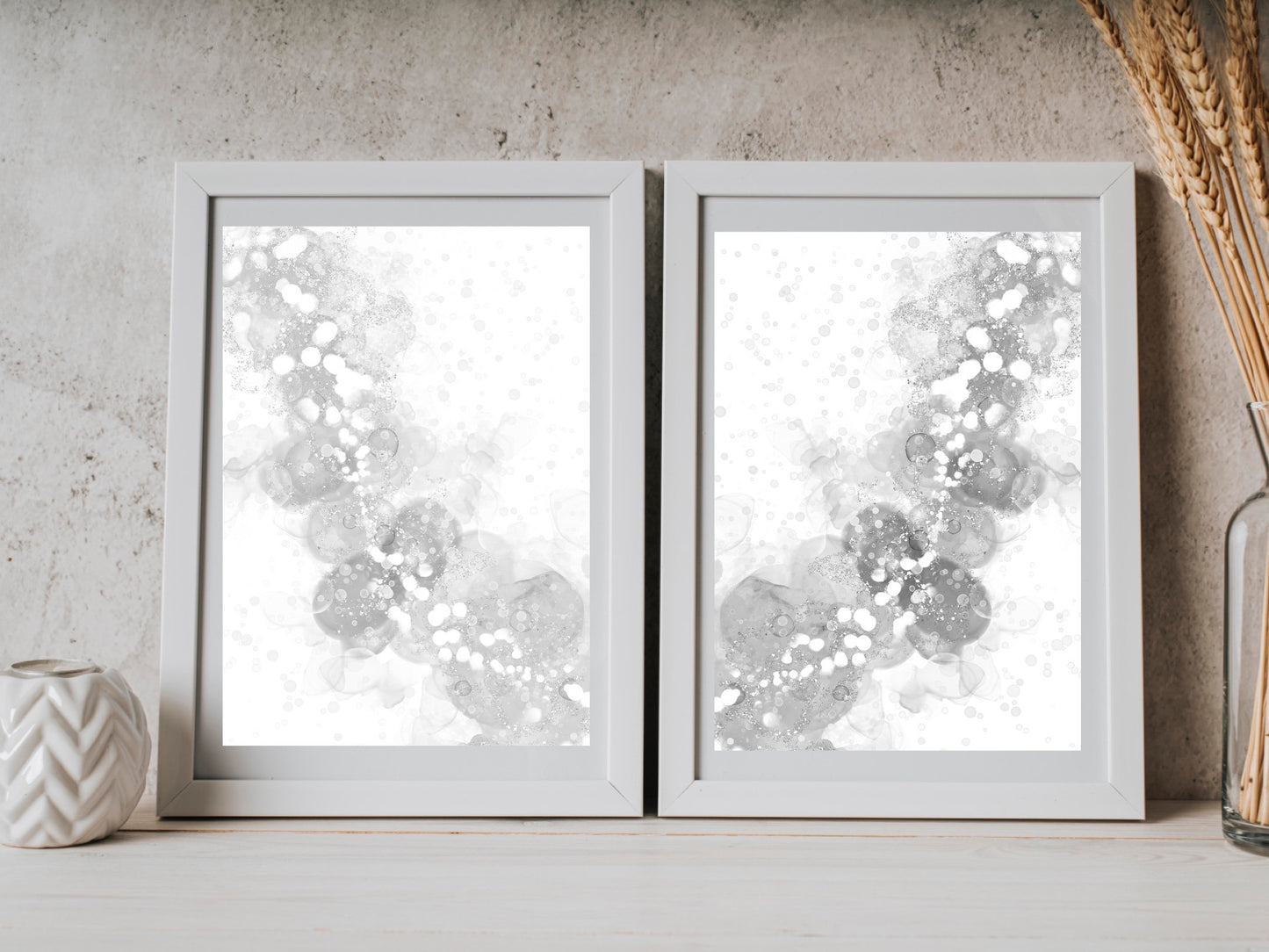 Spiritual wall art, Abstract art prints, grey and silver colours, set of two art prints displayed in mounted frames.